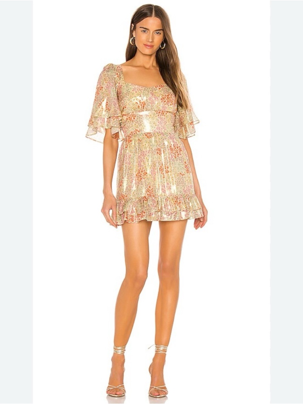 Lovers + Friends Floral Tiered Mini Dress gold Sz s